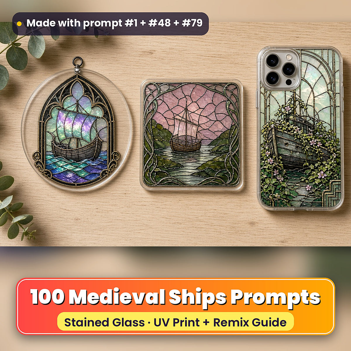 Medieval Ships stained glass prompt pack: UV-printed suncatcher, coaster and phone case set mockup, made with prompt #1 + #48 + #79