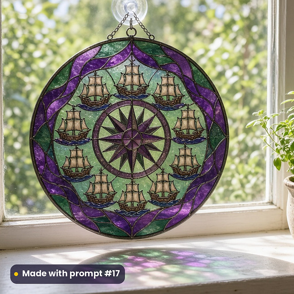 Medieval Ships stained glass prompt pack: UV-printed acrylic suncatcher in a window mockup, made with prompt #17
