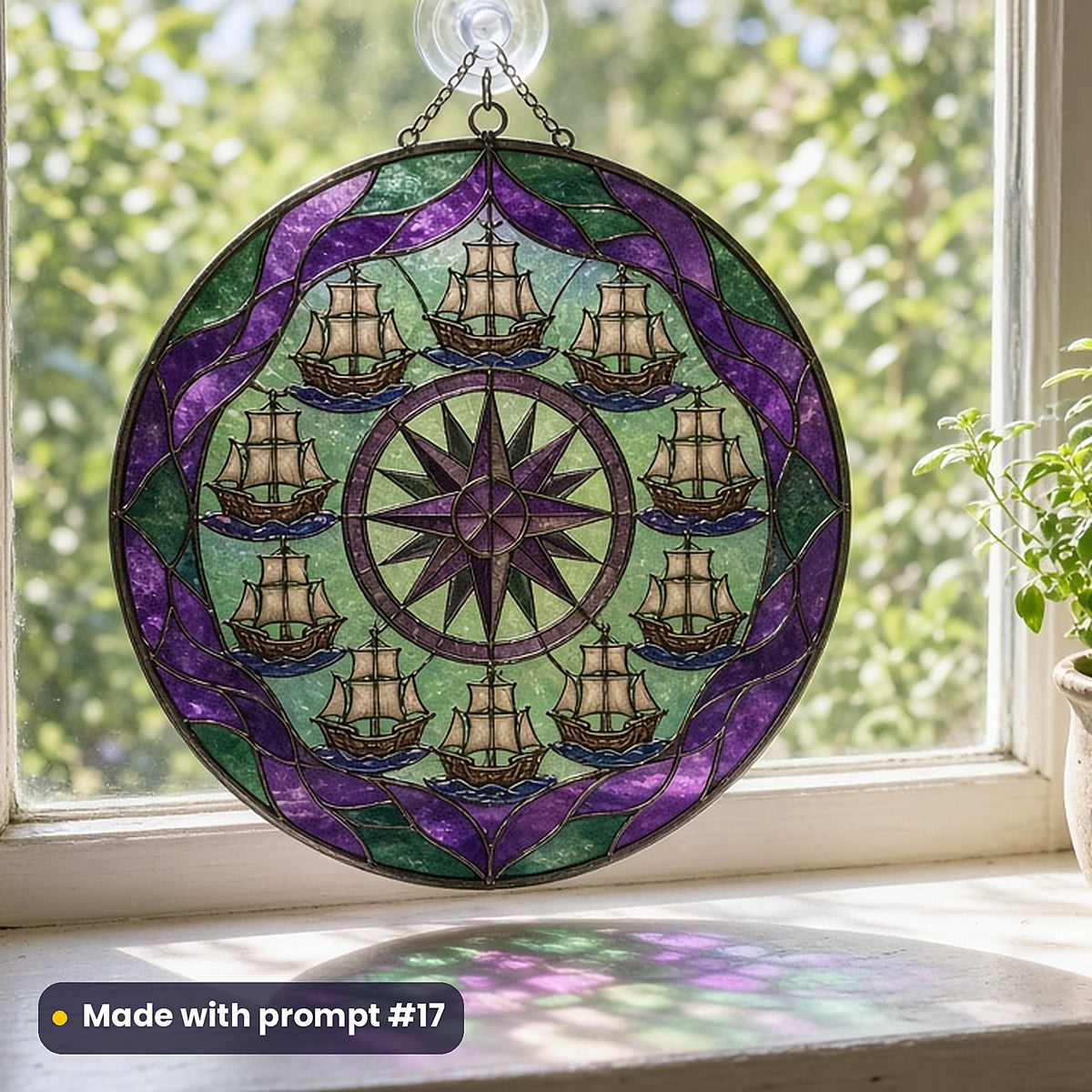 Medieval Ships stained glass prompt pack: UV-printed acrylic suncatcher in a window mockup, made with prompt #17