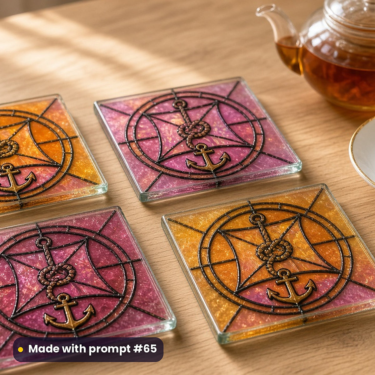 Medieval Ships stained glass prompt pack: set of UV-printed glass coasters mockup, made with prompt #65