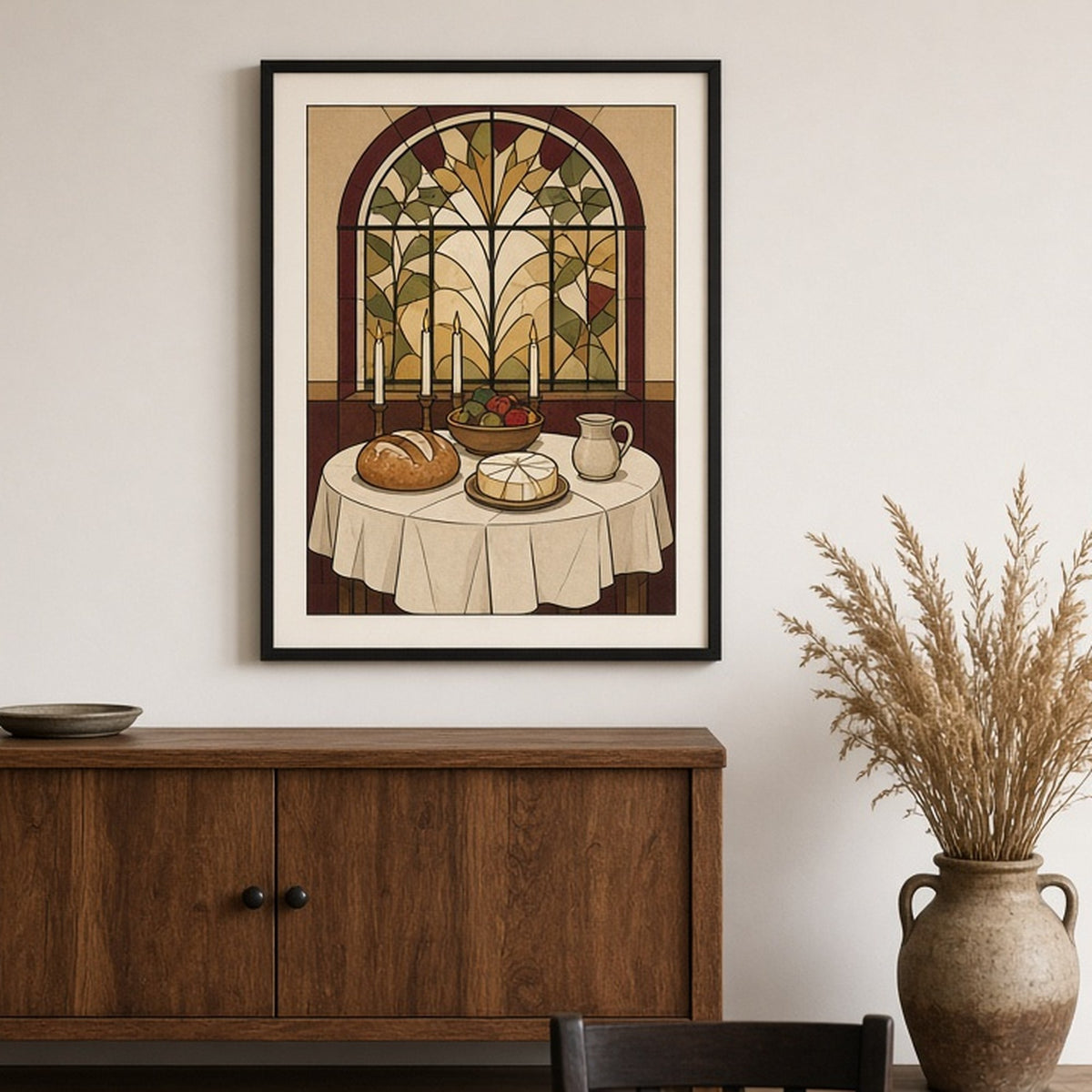 Harvest feast table under an arched window in Art Deco stained-glass style shown as a flat framed print in a dining room, made with prompt #9