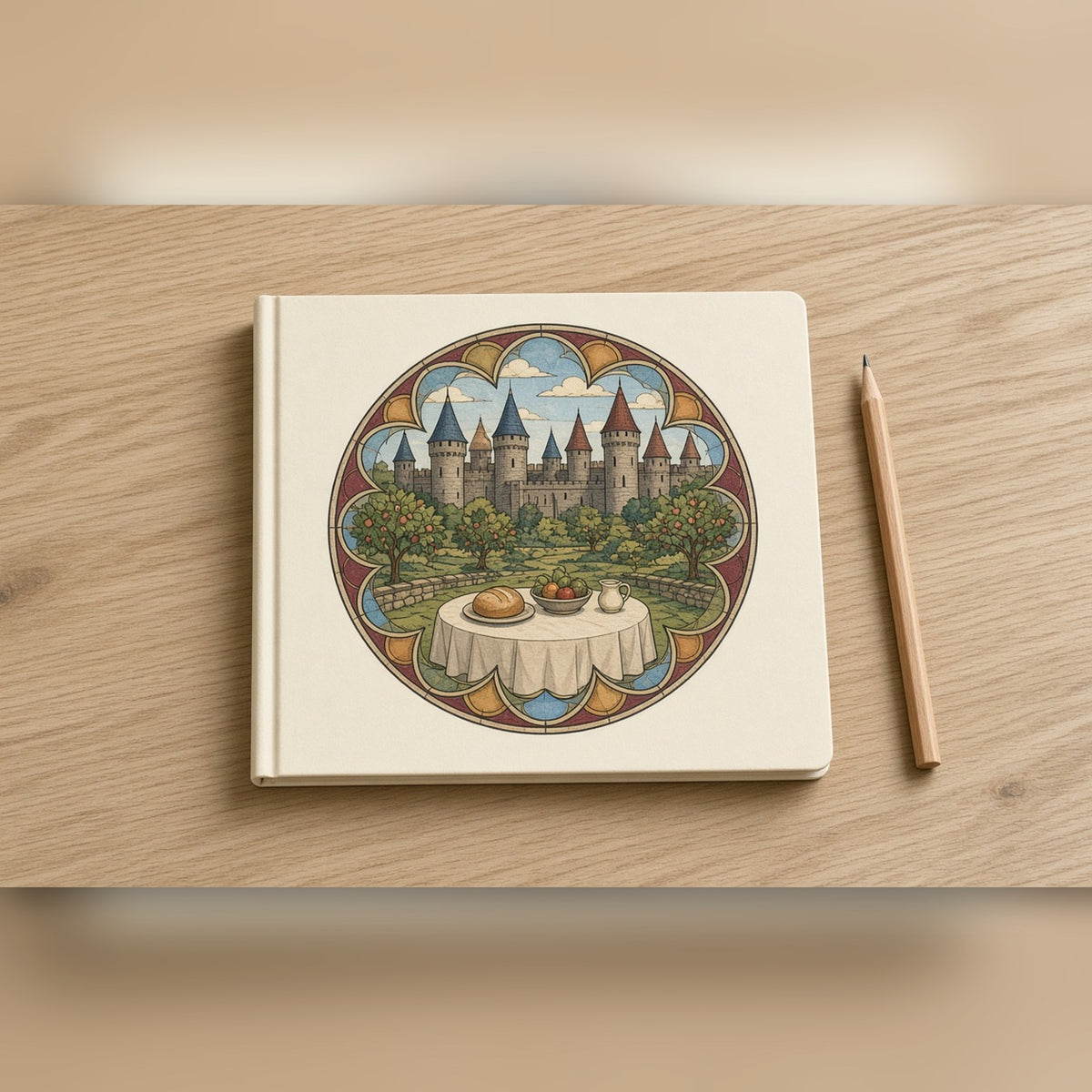 Rose-window castle orchard feast scene printed flat on a hardcover notebook, made with prompt #47