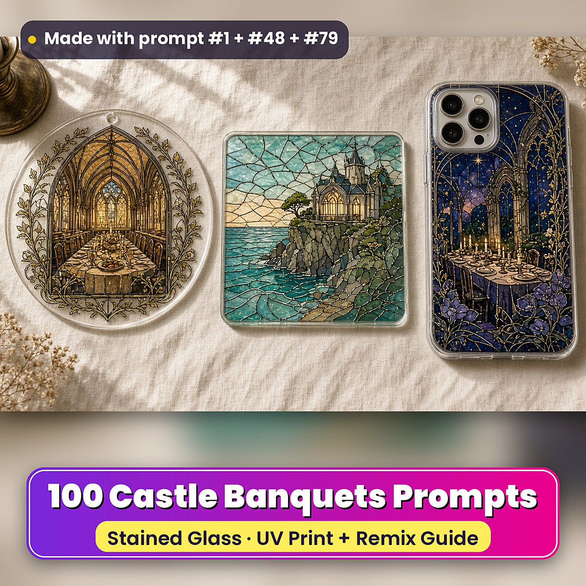 Castle Banquets stained glass prompt pack: UV-printed suncatcher, coaster and phone case set mockup, made with prompt #1 + #48 + #79