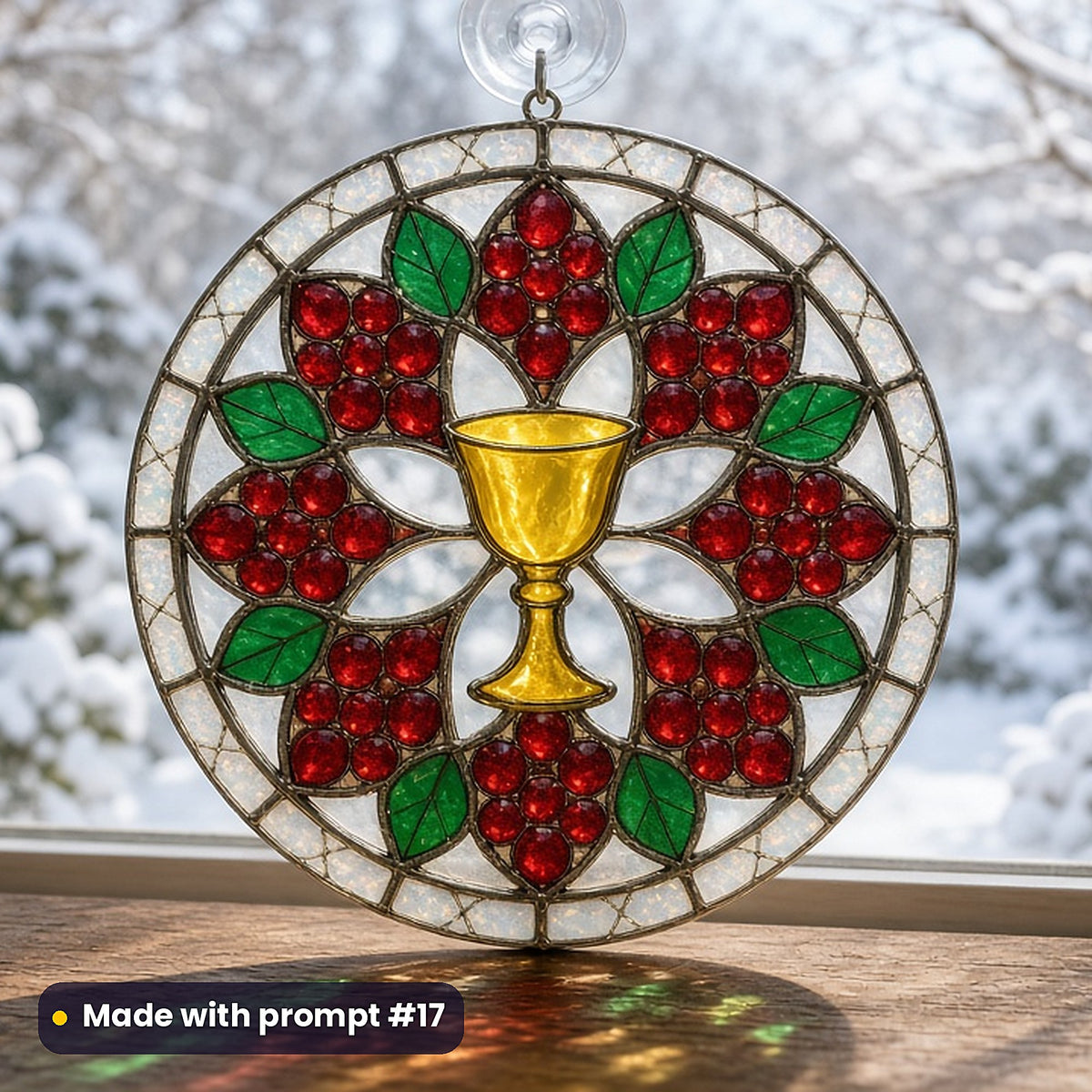 Castle Banquets stained glass prompt pack: UV-printed acrylic suncatcher in a window mockup, made with prompt #17