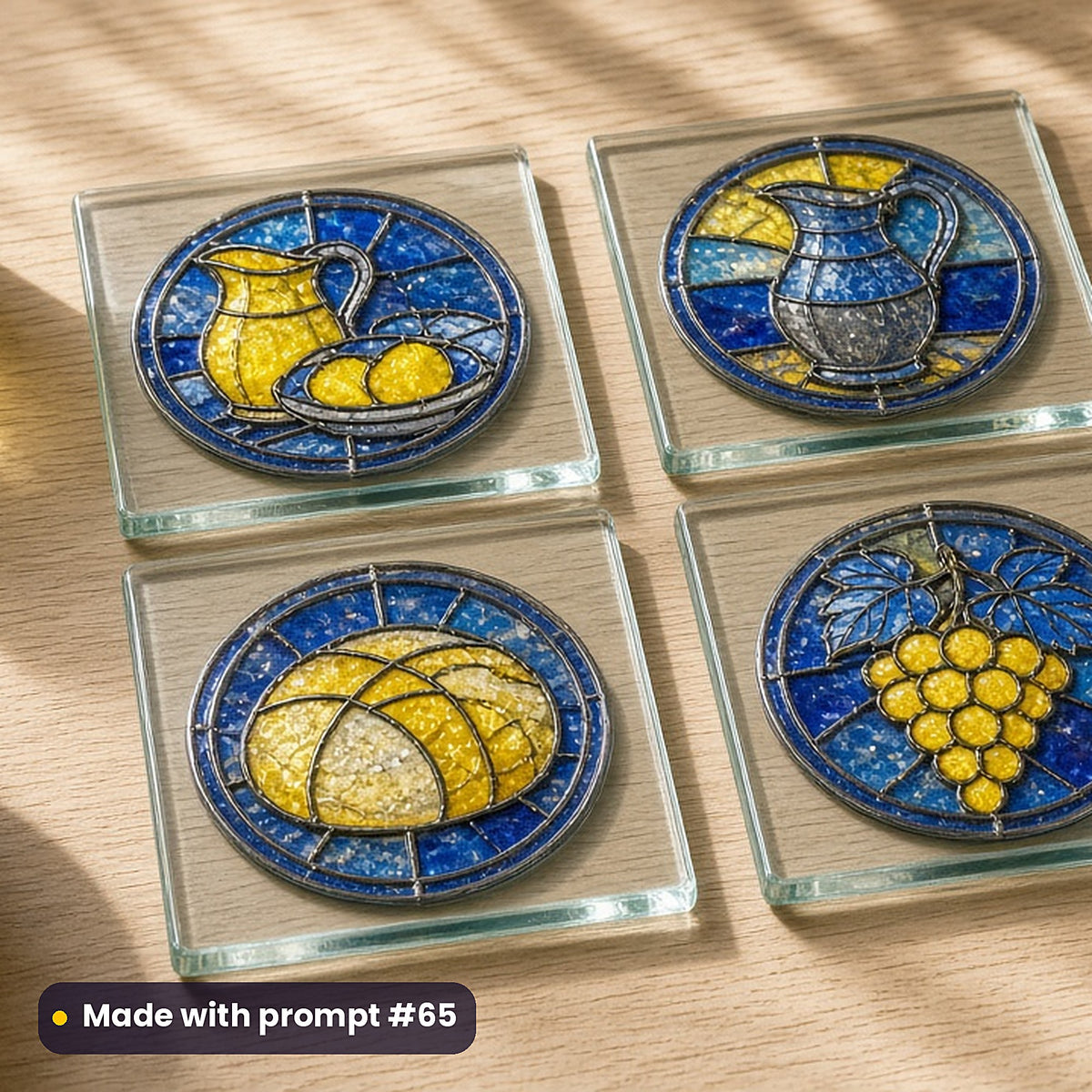 Castle Banquets stained glass prompt pack: set of UV-printed glass coasters mockup, made with prompt #65