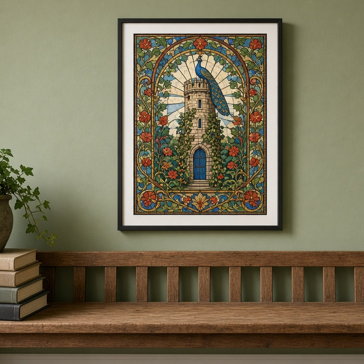 Manuscript-inspired tower garden with a peacock in Art Deco stained-glass style shown as a flat framed print in a library corner, made with prompt #9