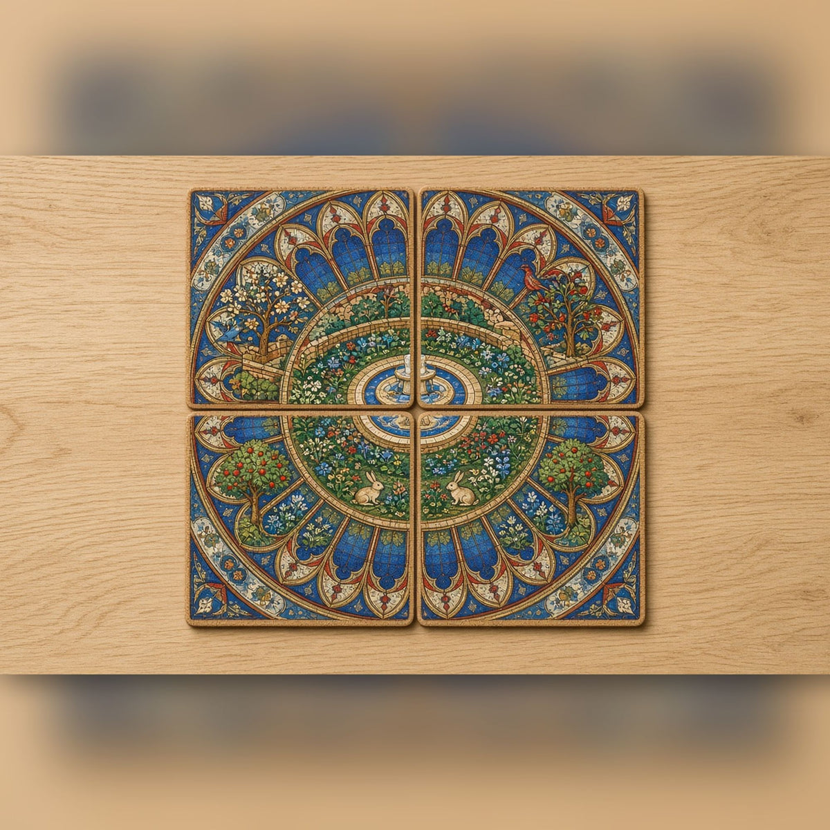 Rose-window manuscript-style walled garden with a fountain and rabbits printed flat on a set of four coasters, made with prompt #47