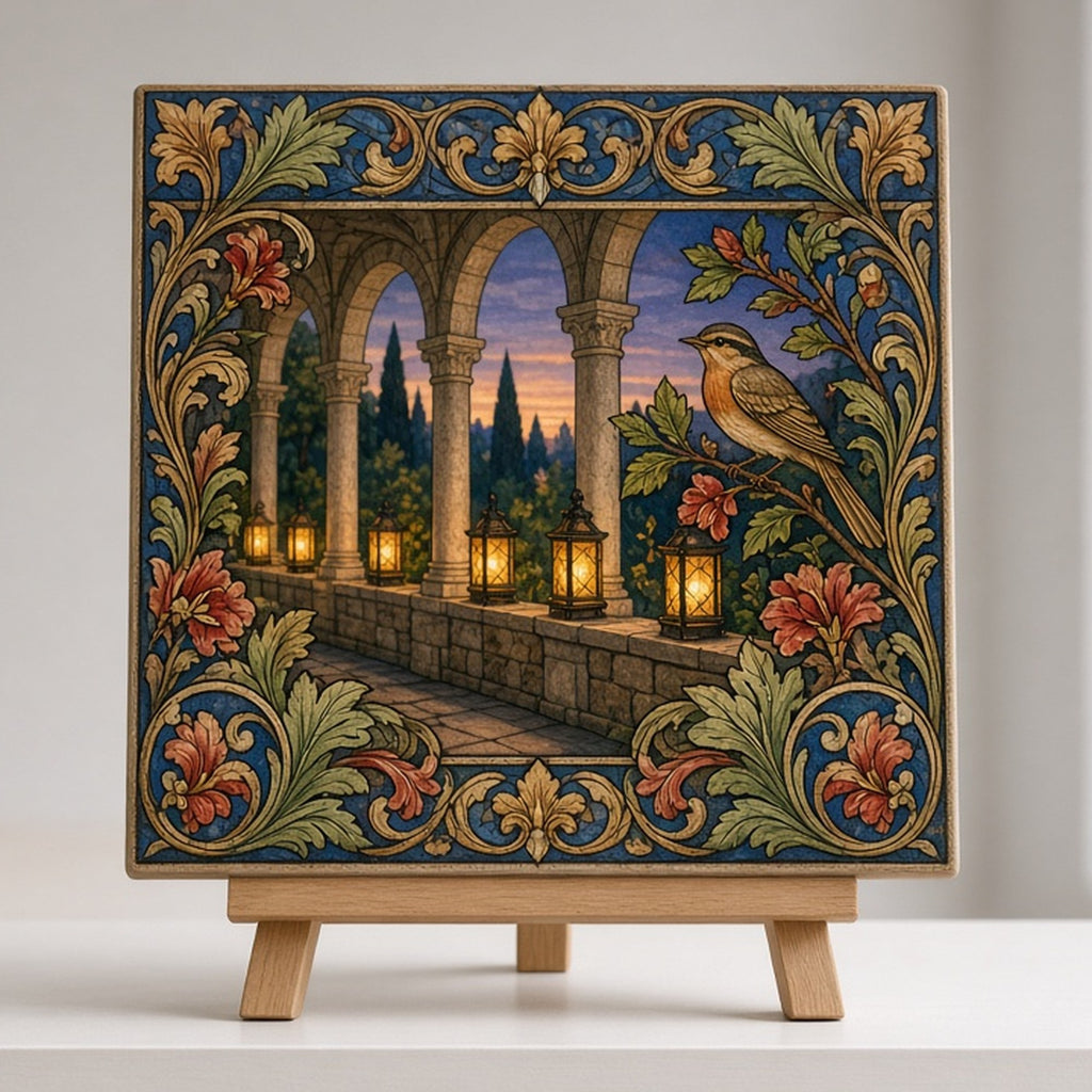 Arts and Crafts manuscript-style cloister with lanterns and a songbird printed flat on a ceramic tile on an easel, made with prompt #84