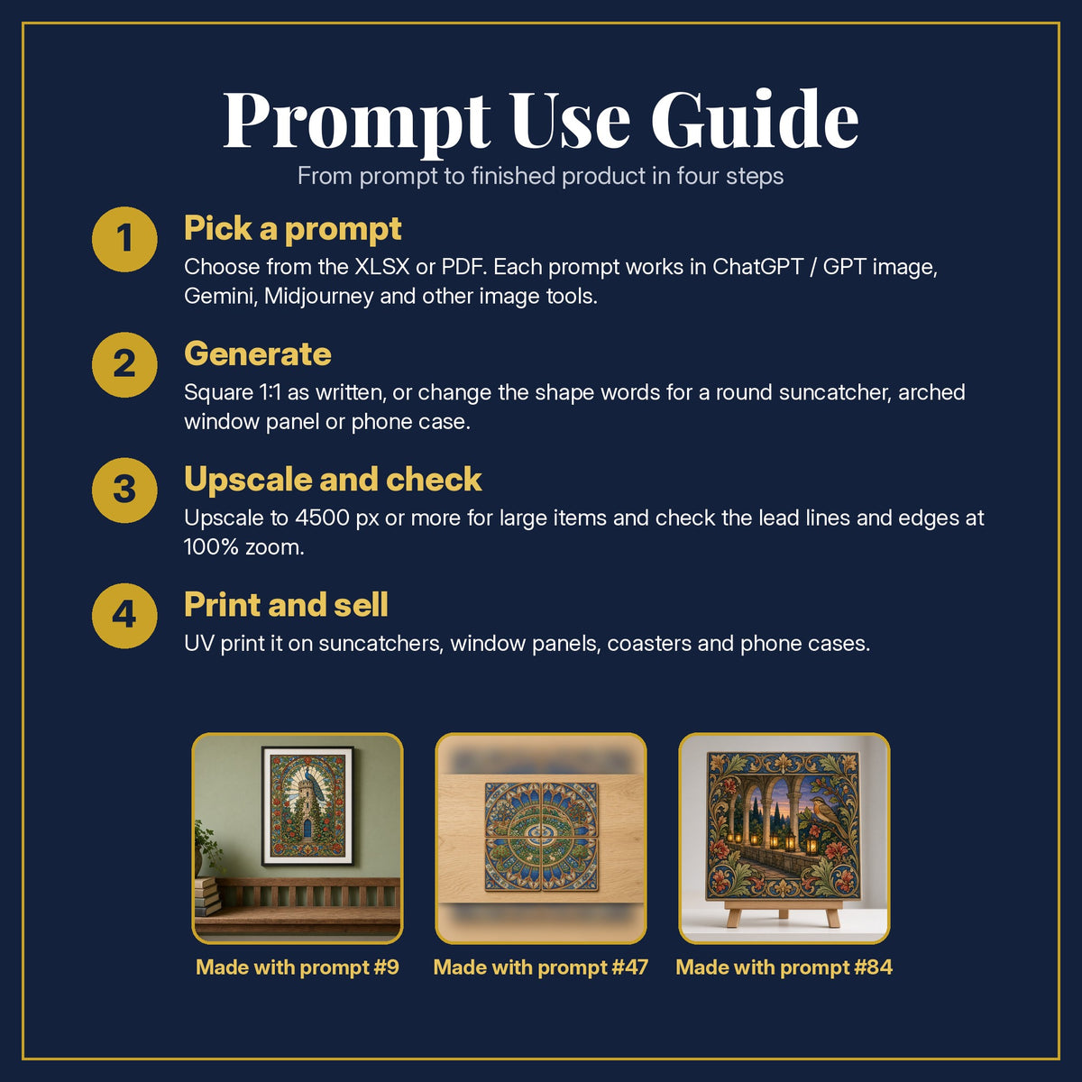 Prompt Use Guide for the Illuminated-Manuscript-Inspired Scenes Stained Glass Prompt Pack: pick a prompt, generate, upscale and check, print and sell, with sample products made with the pack's prompts