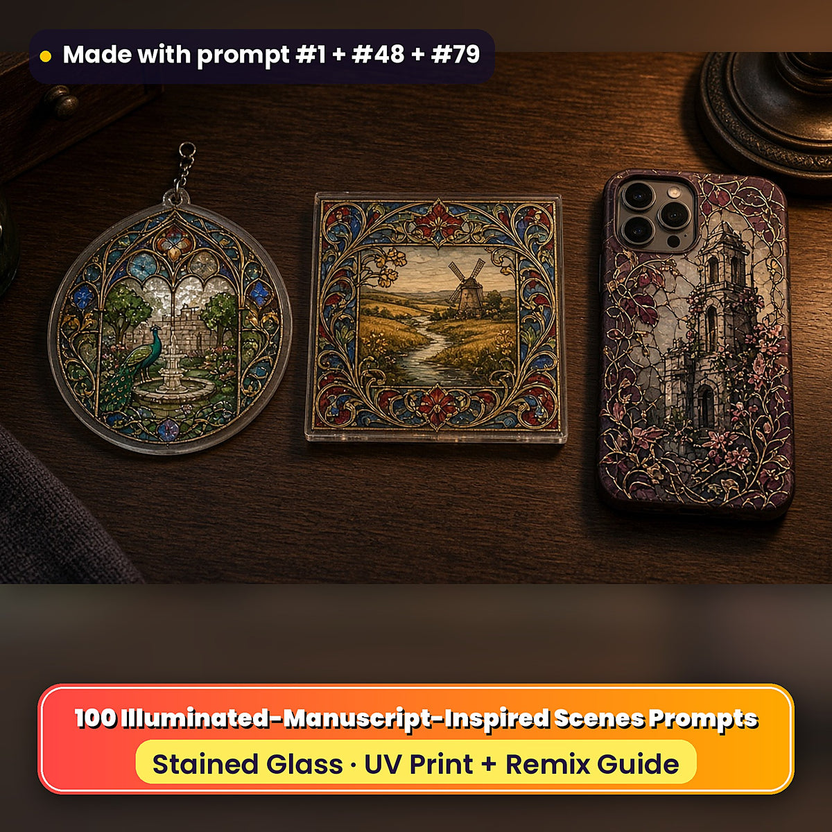 Illuminated-Manuscript-Inspired Scenes stained glass prompt pack: UV-printed suncatcher, coaster and phone case set mockup, made with prompt #1 + #48 + #79