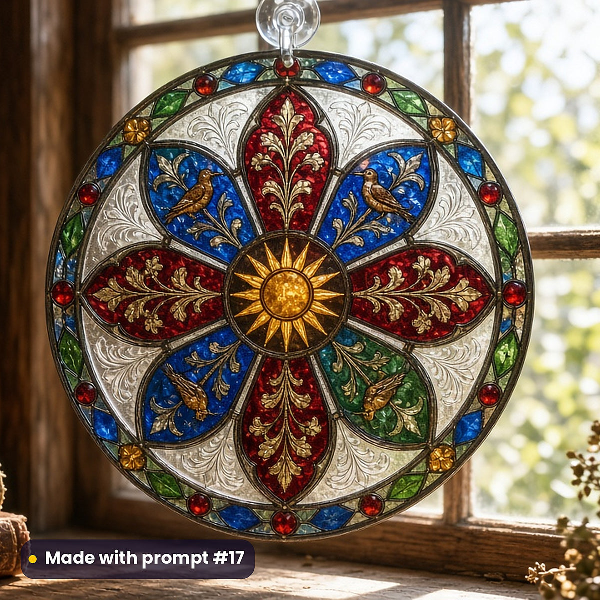Illuminated-Manuscript-Inspired Scenes stained glass prompt pack: UV-printed acrylic suncatcher in a window mockup, made with prompt #17