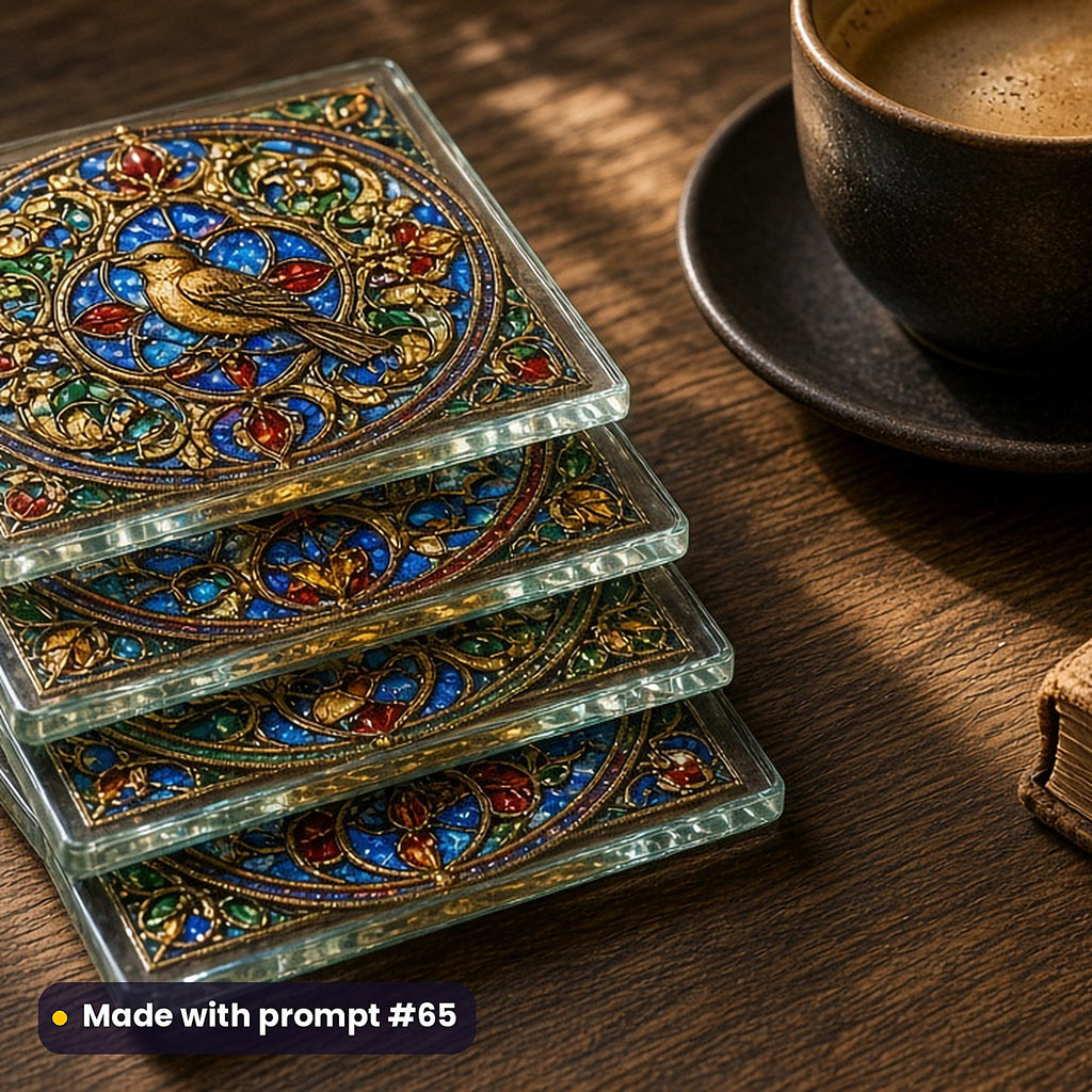 Illuminated-Manuscript-Inspired Scenes stained glass prompt pack: set of UV-printed glass coasters mockup, made with prompt #65