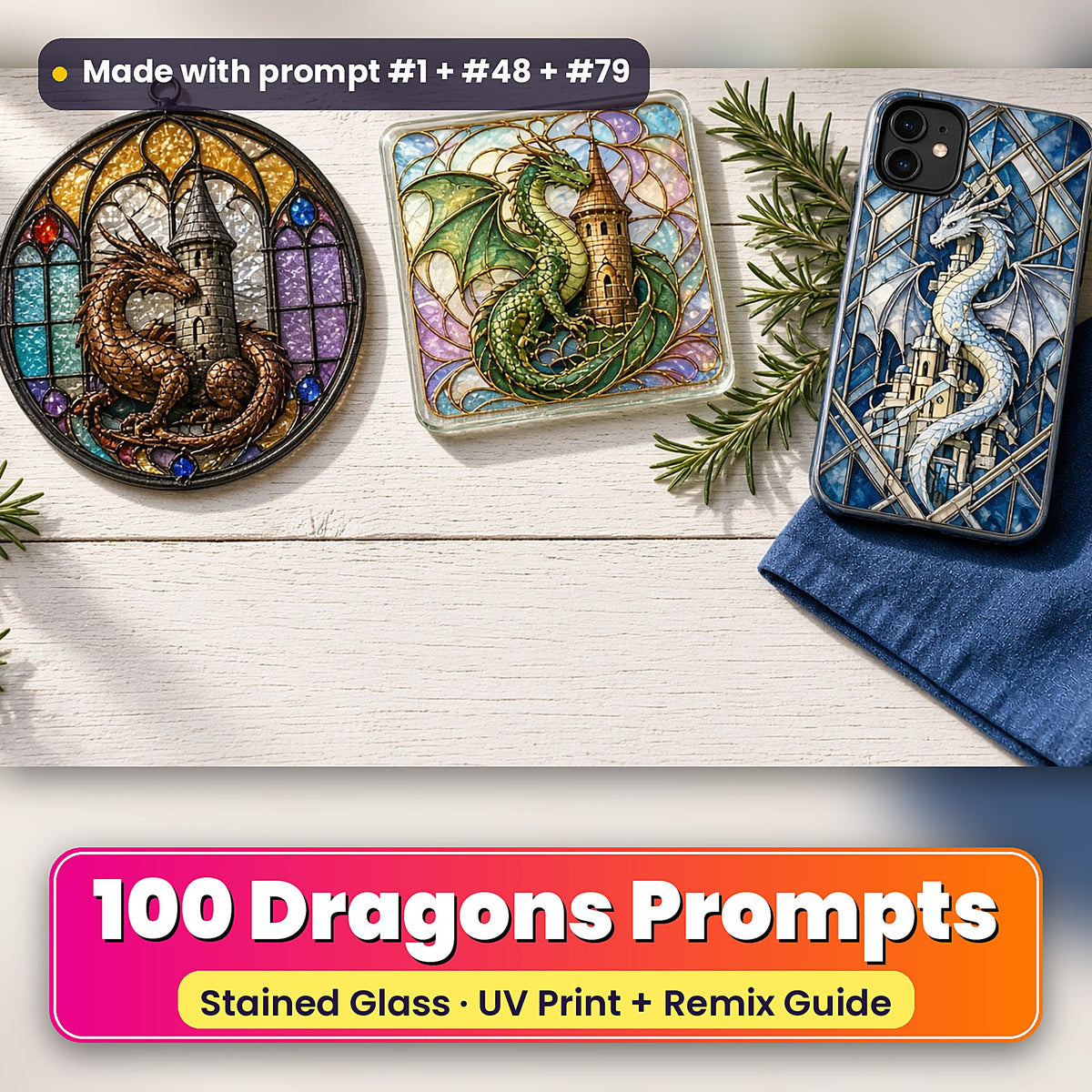 Dragons stained glass prompt pack: UV-printed suncatcher, coaster and phone case set mockup, made with prompt #1 + #48 + #79