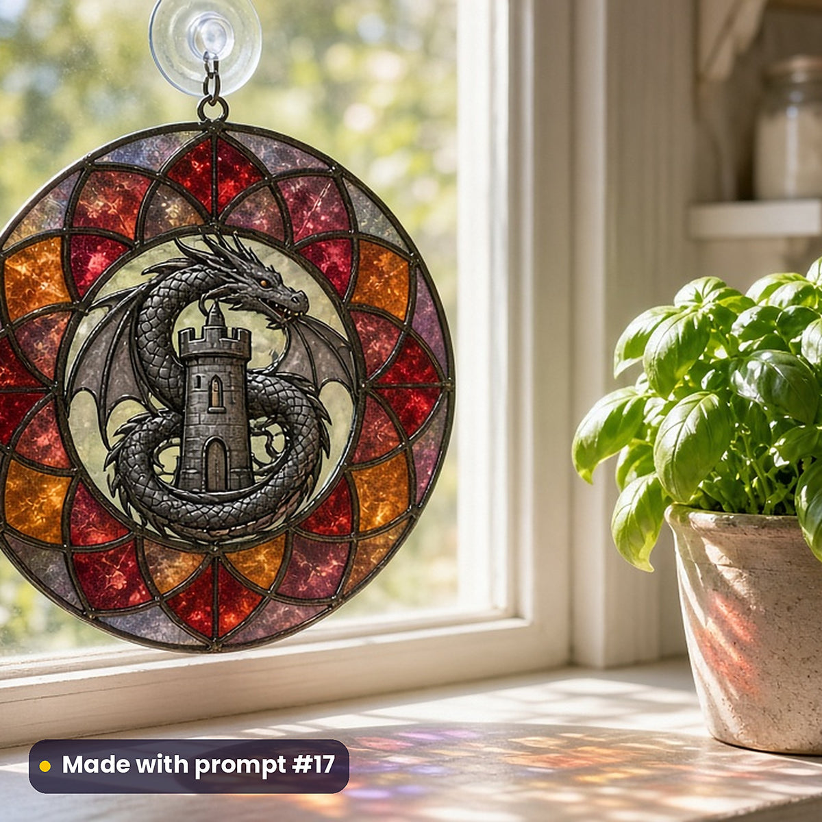 Dragons stained glass prompt pack: UV-printed acrylic suncatcher in a window mockup, made with prompt #17