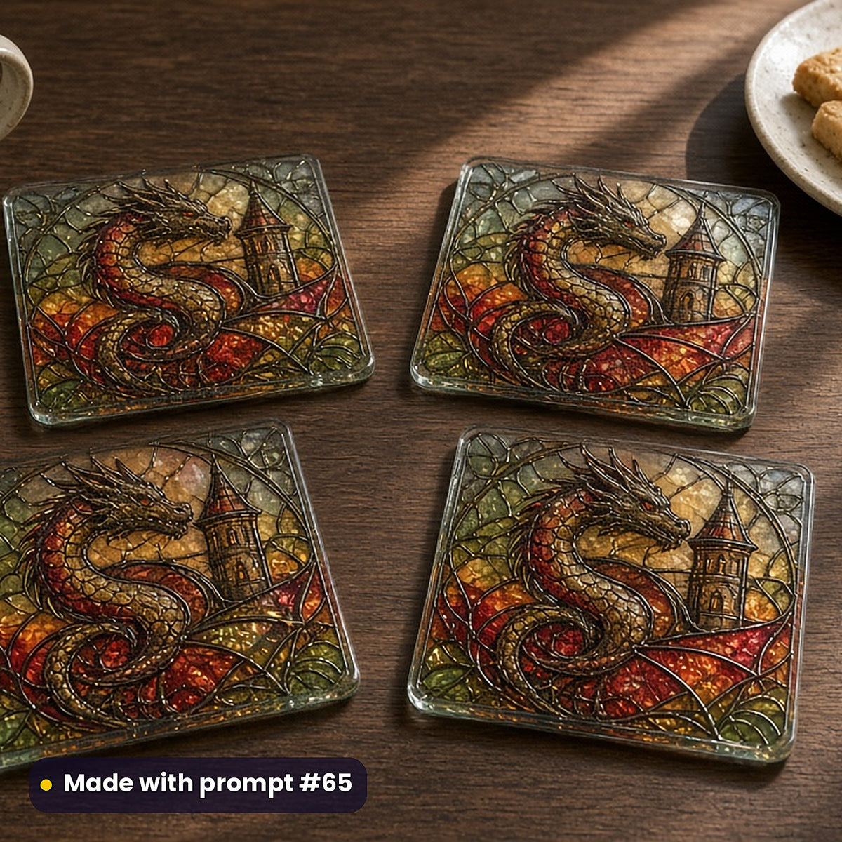 Dragons stained glass prompt pack: set of UV-printed glass coasters mockup, made with prompt #65