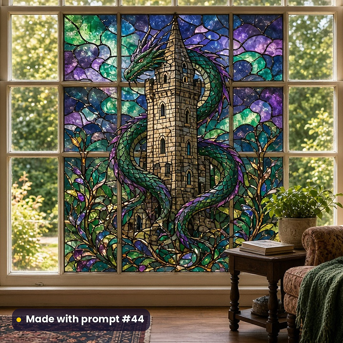 Dragons stained glass prompt pack: faux stained glass window panel mockup, made with prompt #44