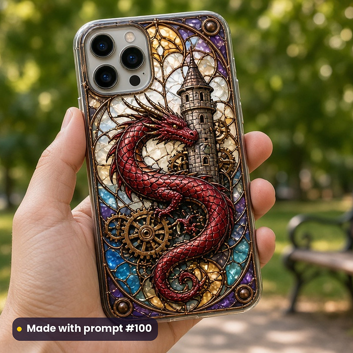 Dragons stained glass prompt pack: UV-printed phone case mockup, made with prompt #100