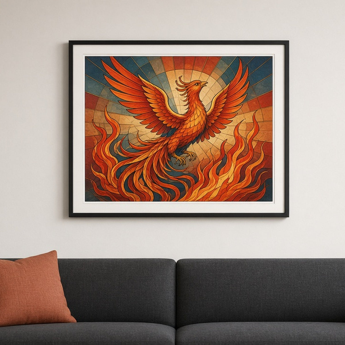 Phoenix rising from flames in Art Deco stained-glass style shown as a flat framed print in a living room, made with prompt #9