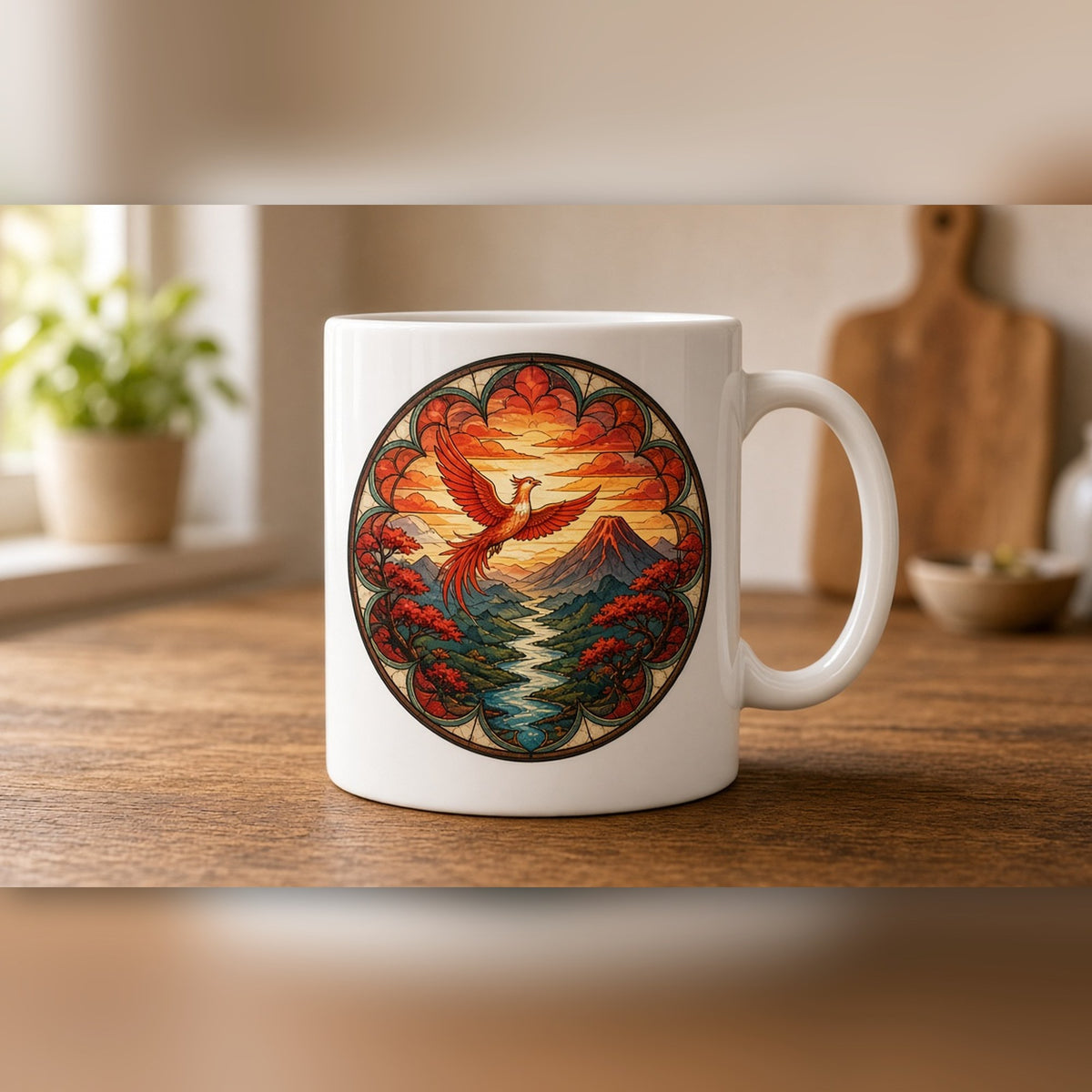 Rose-window landscape of a phoenix gliding over a volcanic valley printed flat on a white ceramic mug, made with prompt #47