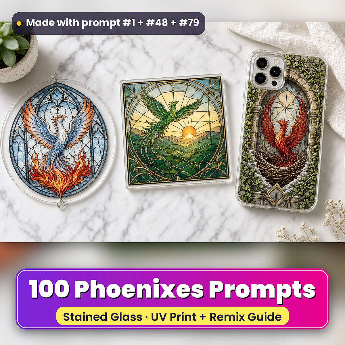 Phoenixes stained glass prompt pack: UV-printed suncatcher, coaster and phone case set mockup, made with prompt #1 + #48 + #79