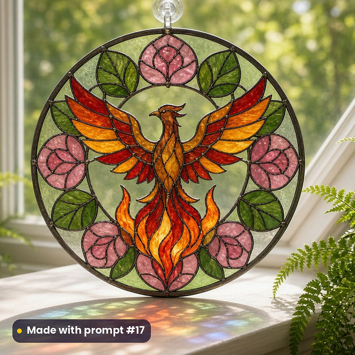 Phoenixes stained glass prompt pack: UV-printed acrylic suncatcher in a window mockup, made with prompt #17
