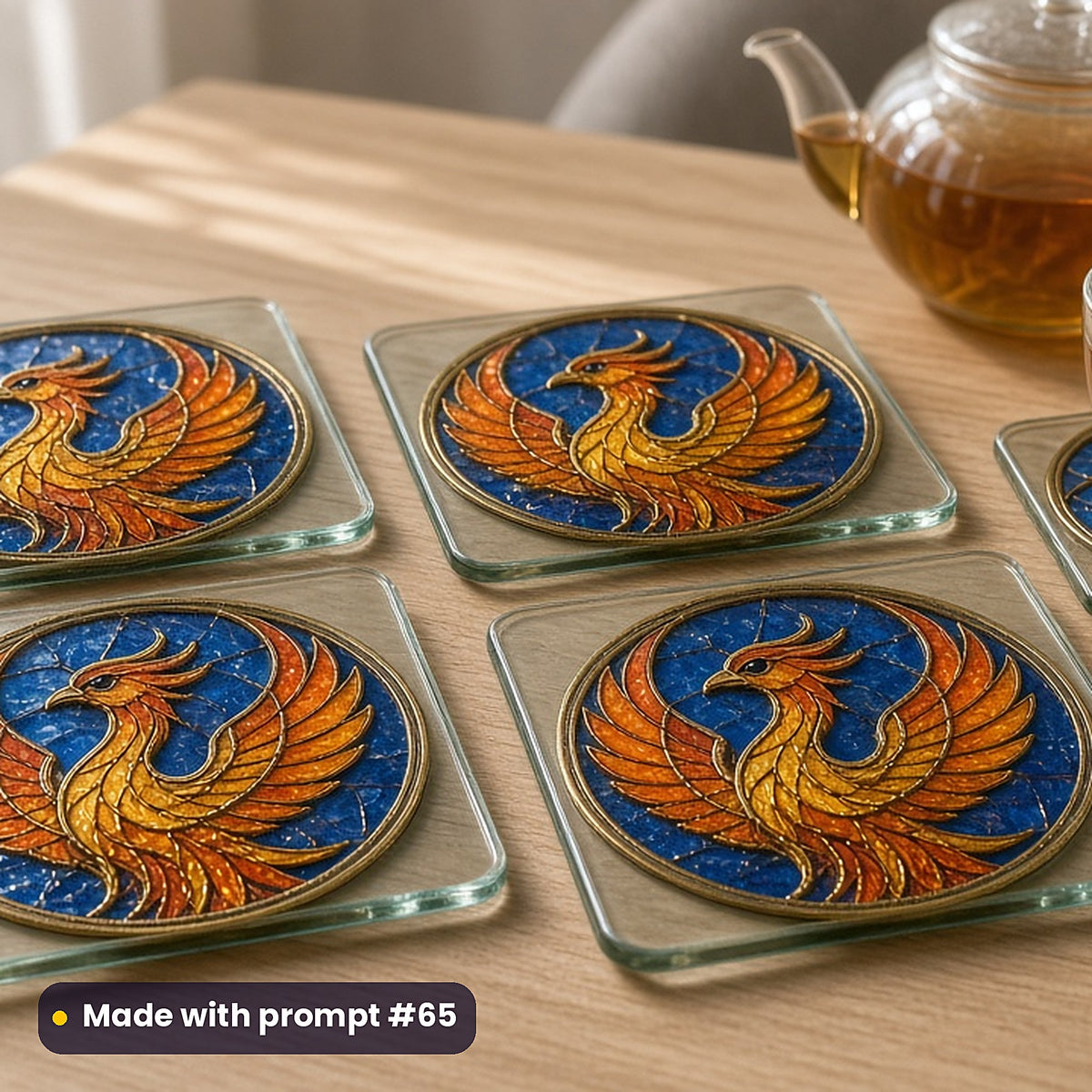 Phoenixes stained glass prompt pack: set of UV-printed glass coasters mockup, made with prompt #65