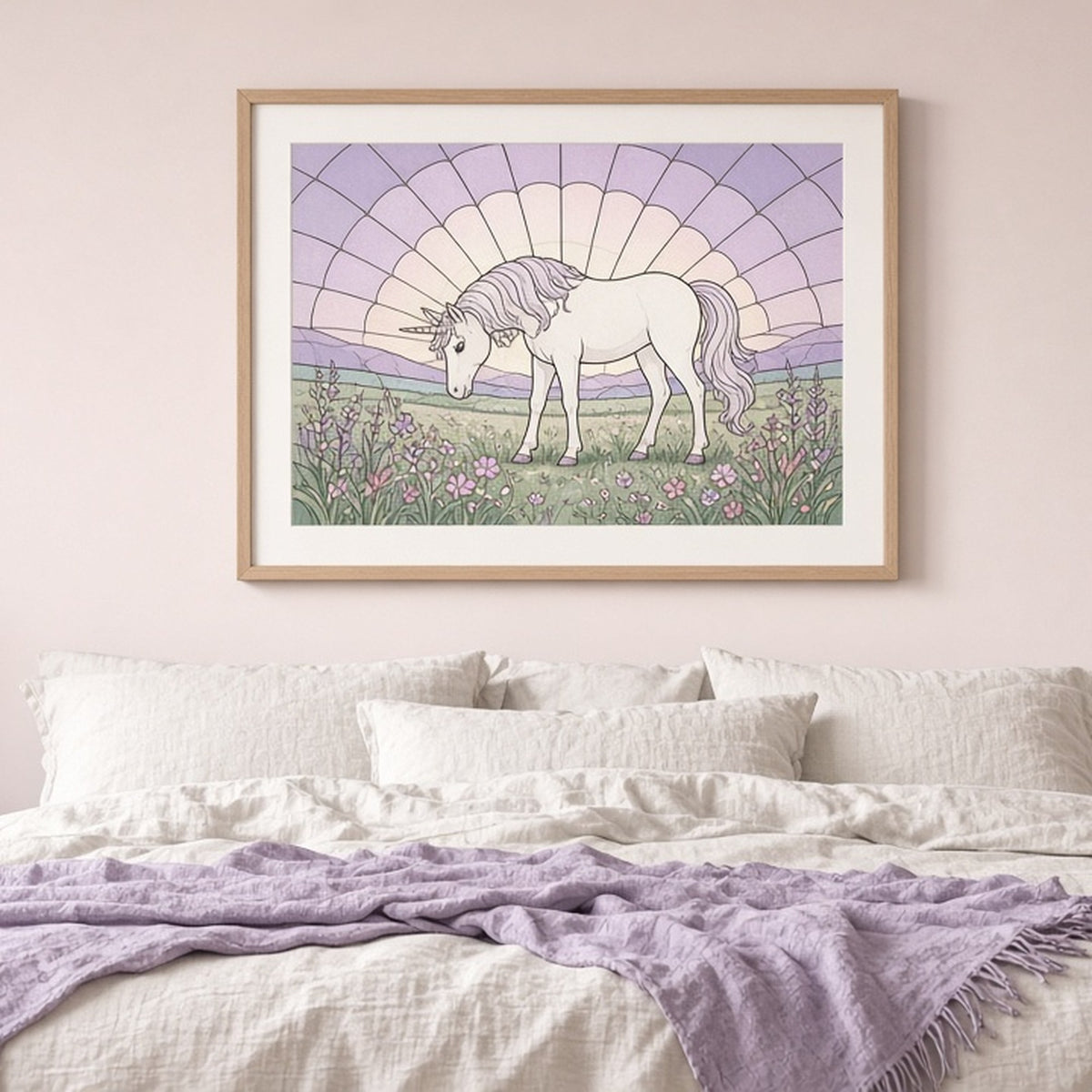Gentle unicorn in a wildflower meadow in Art Deco stained-glass style shown as a flat framed print in a bedroom, made with prompt #9