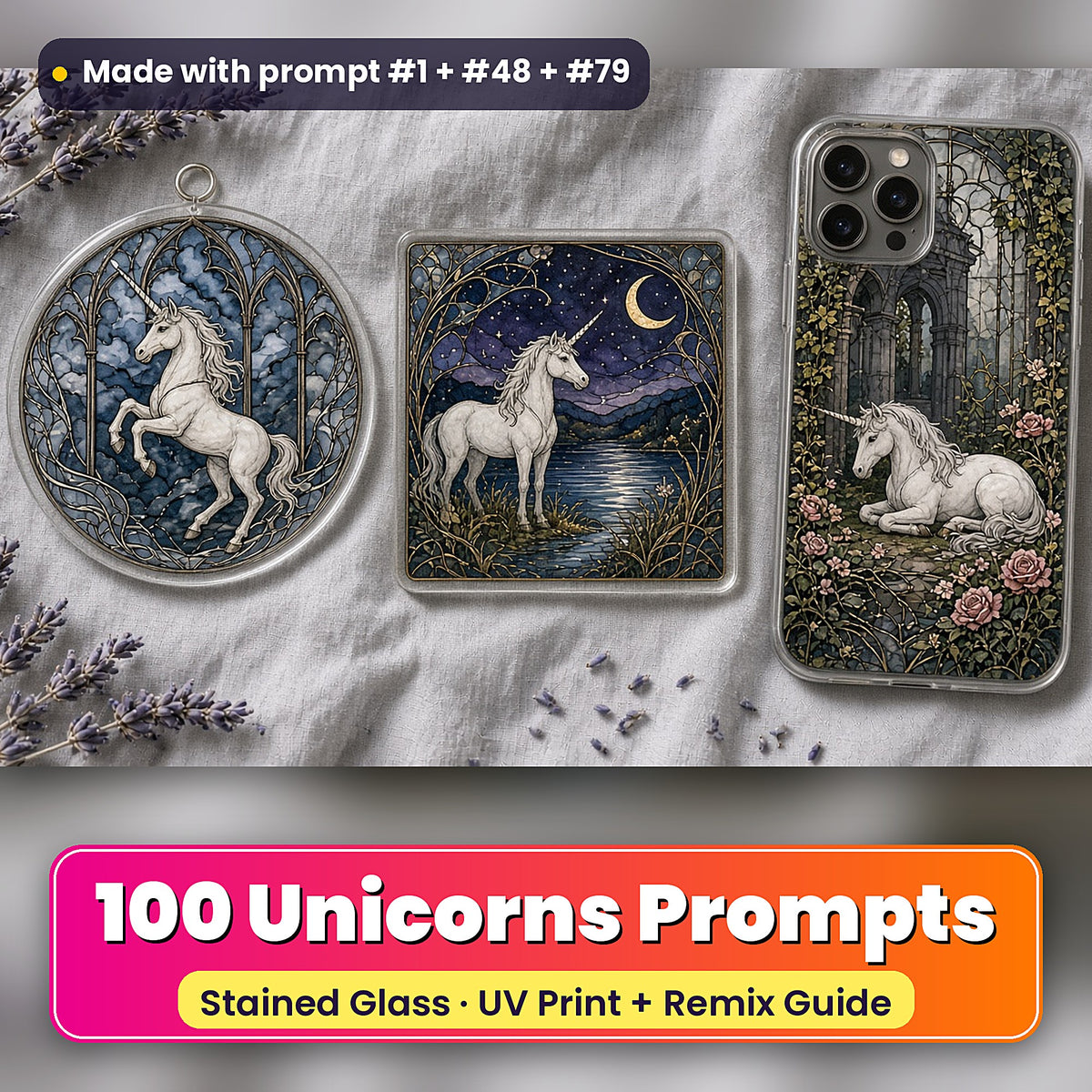 Unicorns stained glass prompt pack: UV-printed suncatcher, coaster and phone case set mockup, made with prompt #1 + #48 + #79