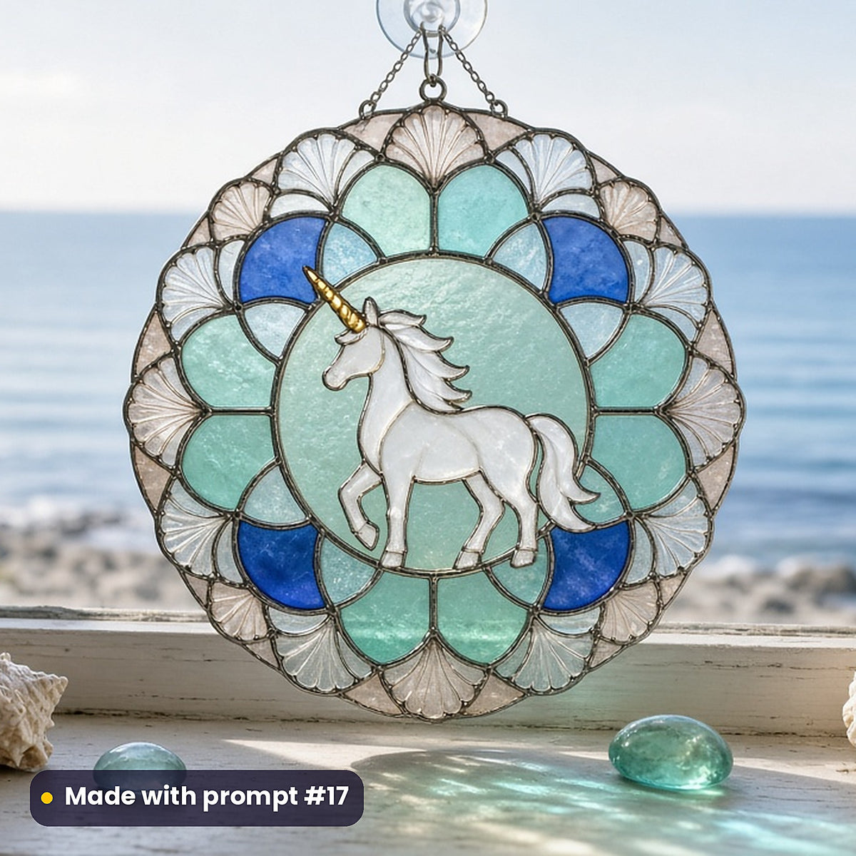 Unicorns stained glass prompt pack: UV-printed acrylic suncatcher in a window mockup, made with prompt #17