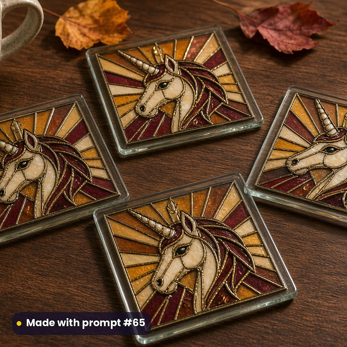 Unicorns stained glass prompt pack: set of UV-printed glass coasters mockup, made with prompt #65
