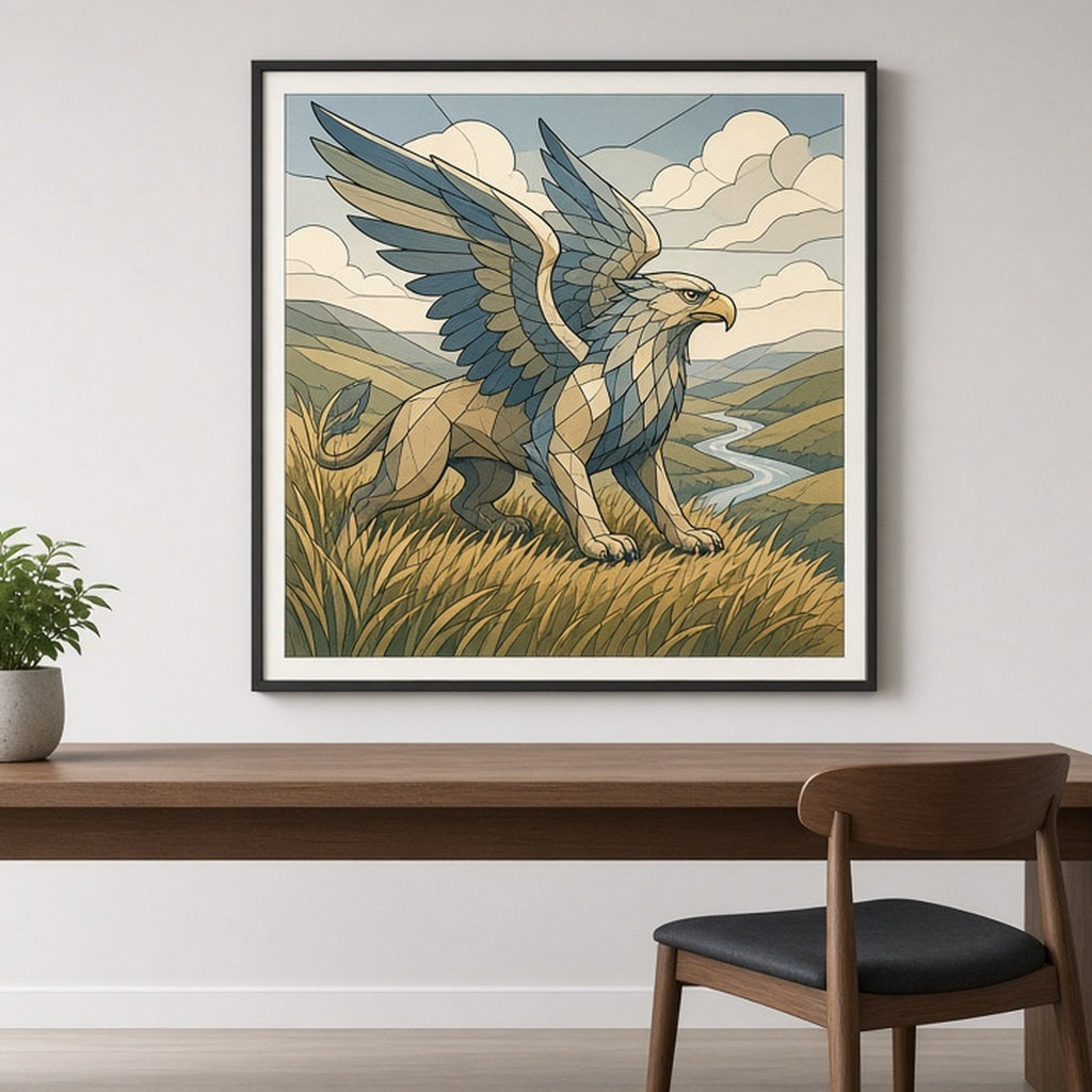 Griffin crouching in hillside grass in Art Deco stained-glass style shown as a flat framed print in a home office, made with prompt #9