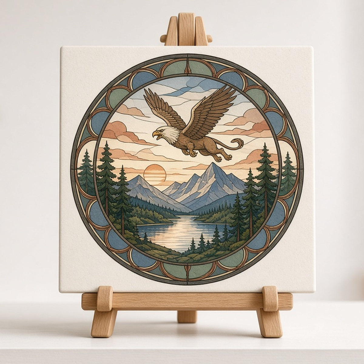 Rose-window landscape of a griffin flying over a mountain lake printed flat on a ceramic tile on an easel, made with prompt #47