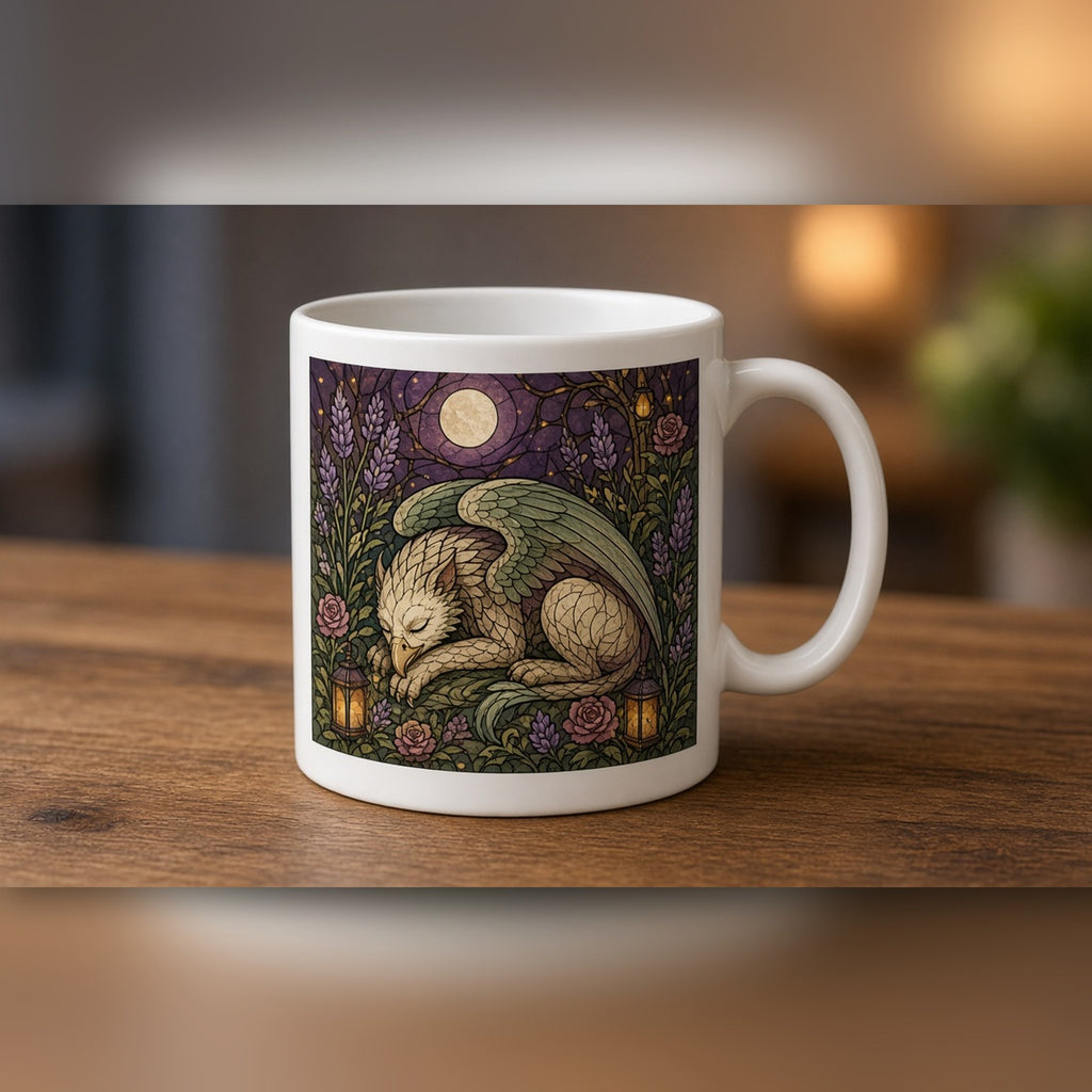 Arts and Crafts stained-glass griffin asleep among lanterns and lavender printed flat on a white ceramic mug, made with prompt #84