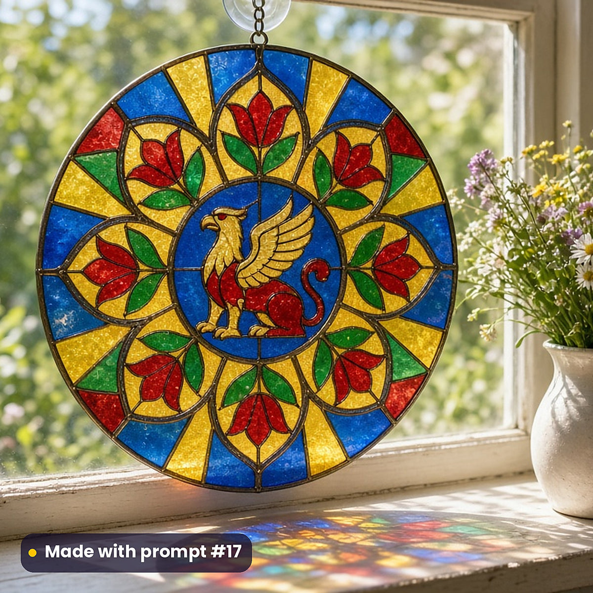 Griffins stained glass prompt pack: UV-printed acrylic suncatcher in a window mockup, made with prompt #17