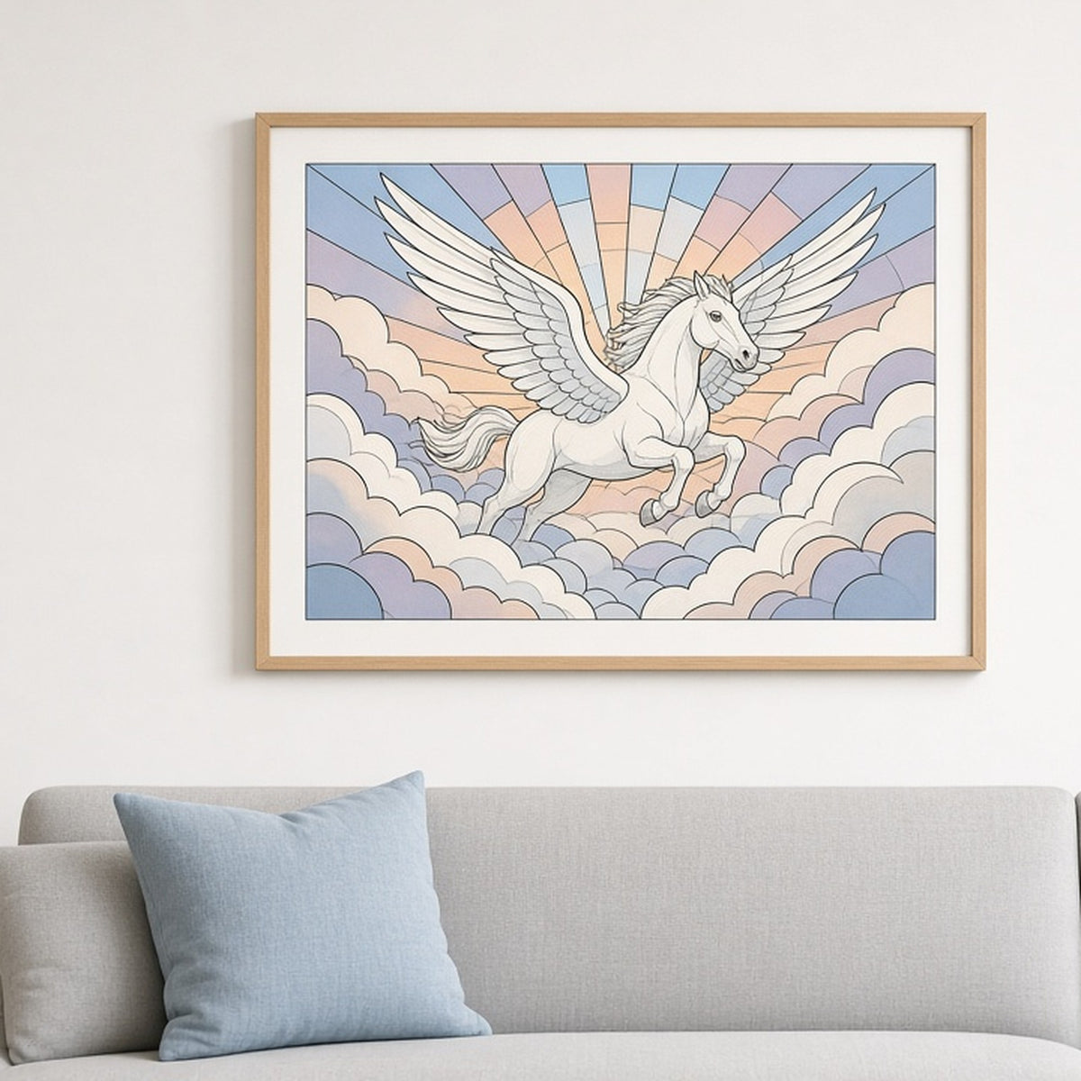 White pegasus galloping over clouds in Art Deco stained-glass style shown as a flat framed print in a living room, made with prompt #9
