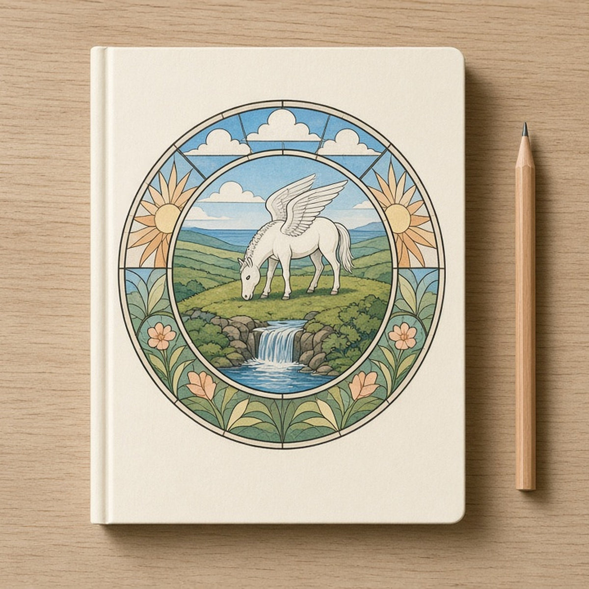 Rose-window meadow scene of a pegasus grazing by a waterfall printed flat on a hardcover notebook, made with prompt #47
