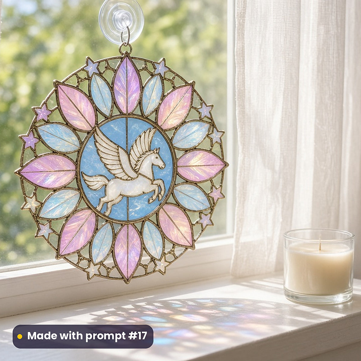 Pegasus stained glass prompt pack: UV-printed acrylic suncatcher in a window mockup, made with prompt #17