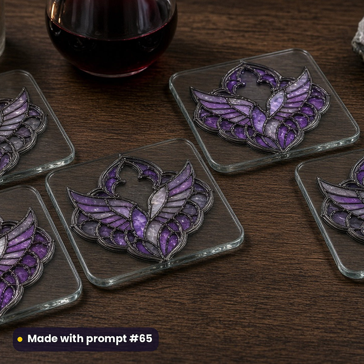 Pegasus stained glass prompt pack: set of UV-printed glass coasters mockup, made with prompt #65
