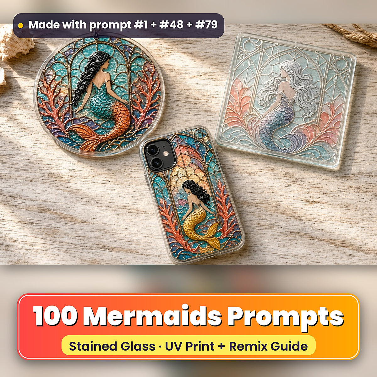 Mermaids stained glass prompt pack: UV-printed suncatcher, coaster and phone case set mockup, made with prompt #1 + #48 + #79