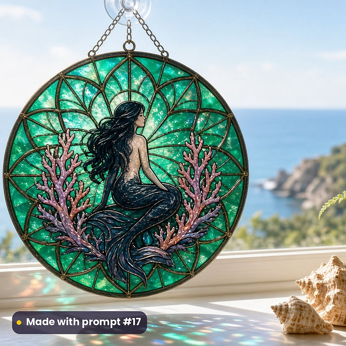 Mermaids stained glass prompt pack: UV-printed acrylic suncatcher in a window mockup, made with prompt #17