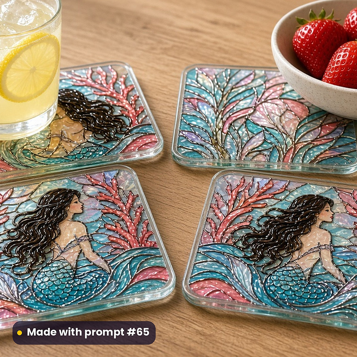 Mermaids stained glass prompt pack: set of UV-printed glass coasters mockup, made with prompt #65