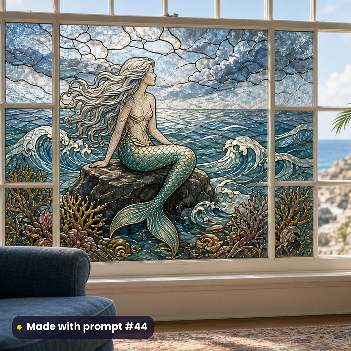 Mermaids stained glass prompt pack: faux stained glass window panel mockup, made with prompt #44