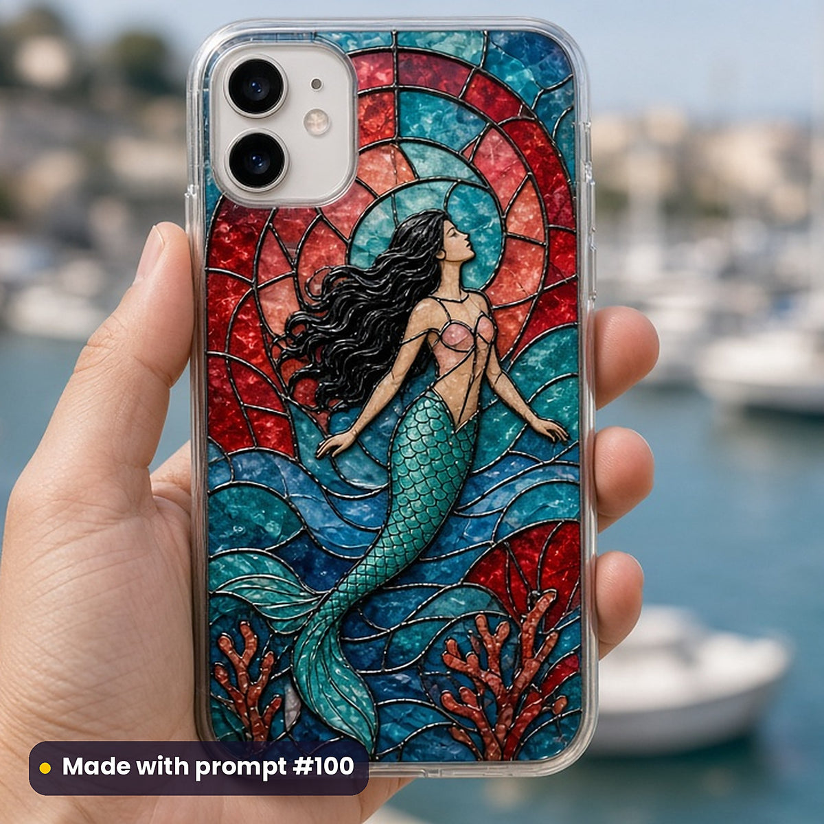 Mermaids stained glass prompt pack: UV-printed phone case mockup, made with prompt #100