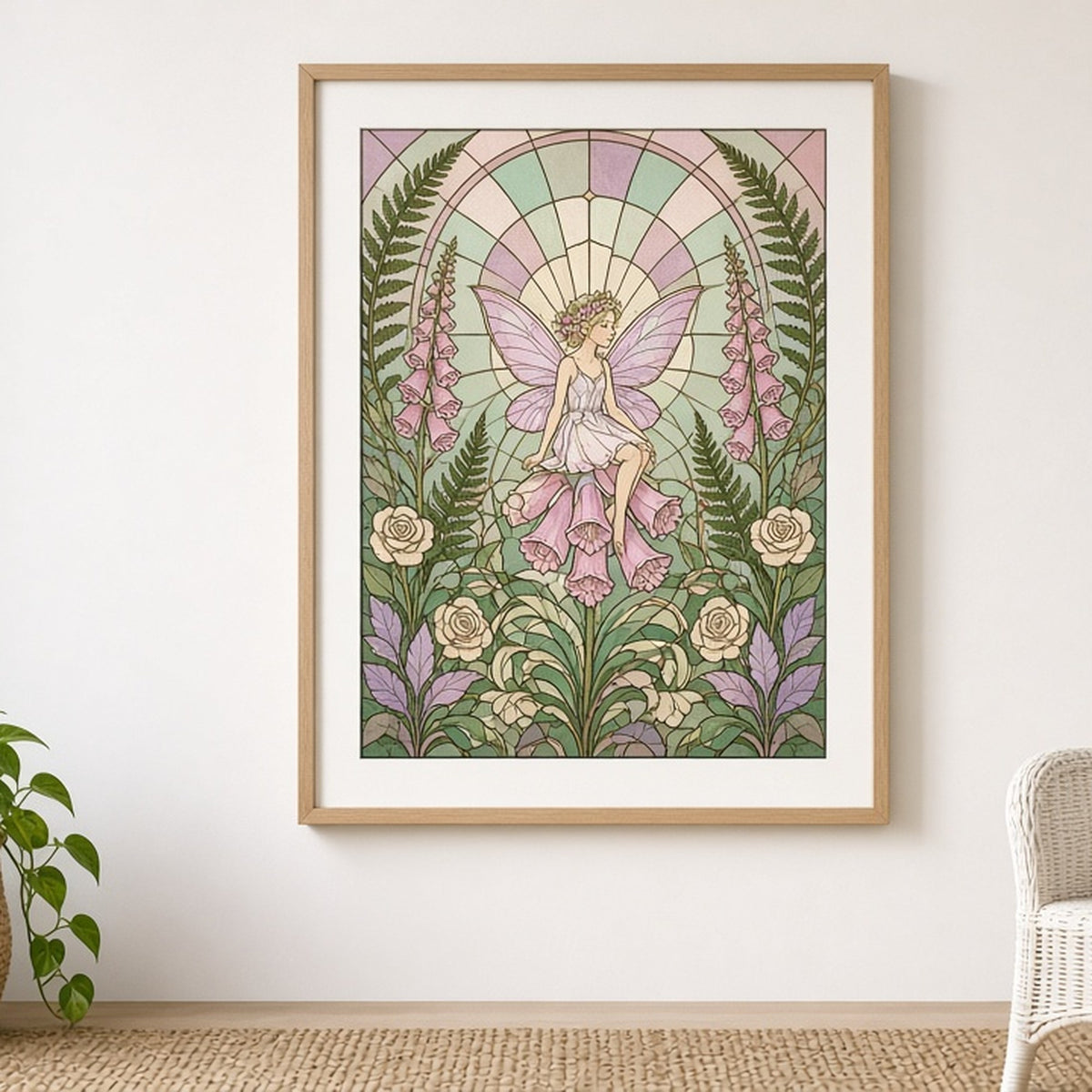 Fairy on a foxglove in an enchanted garden in Art Deco stained-glass style shown as a flat framed print in a sunroom, made with prompt #9