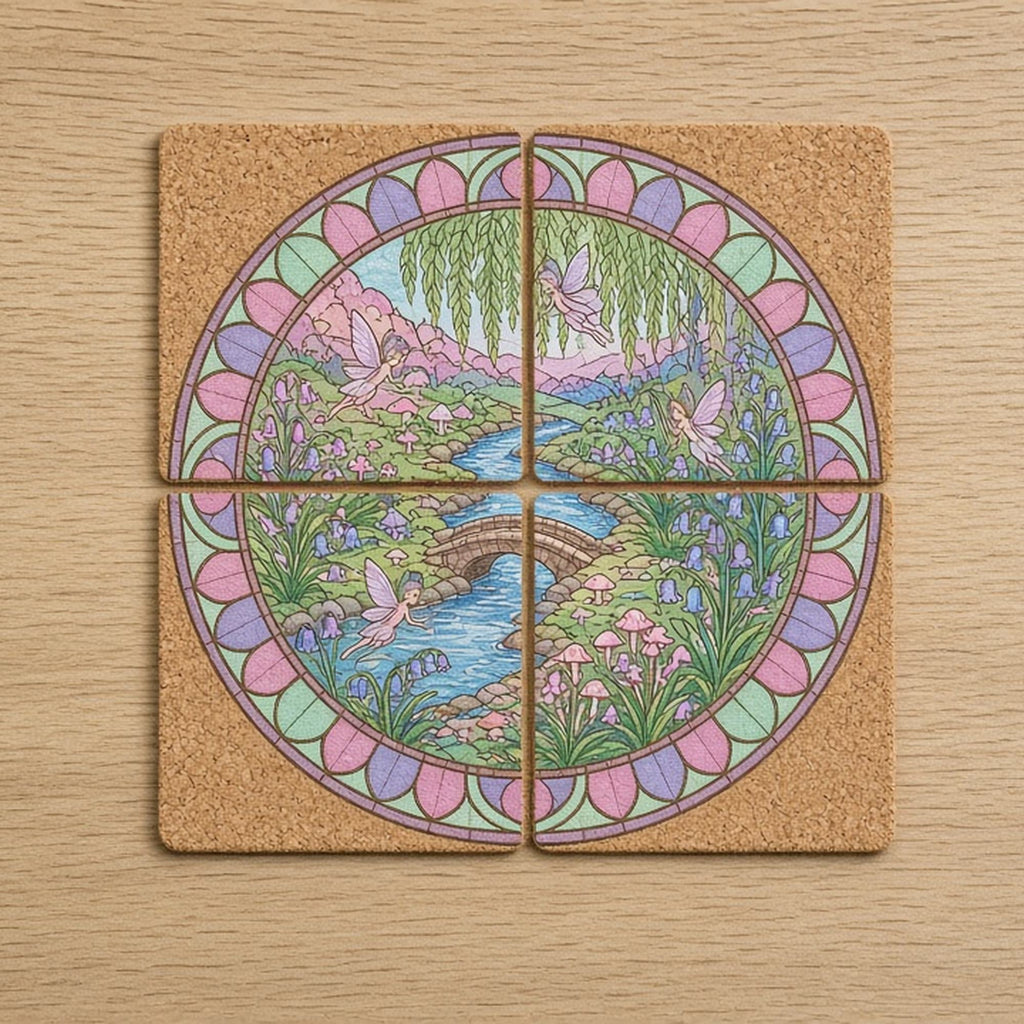 Rose-window enchanted garden with fairies, a stream and a bridge printed flat on a set of four coasters, made with prompt #47
