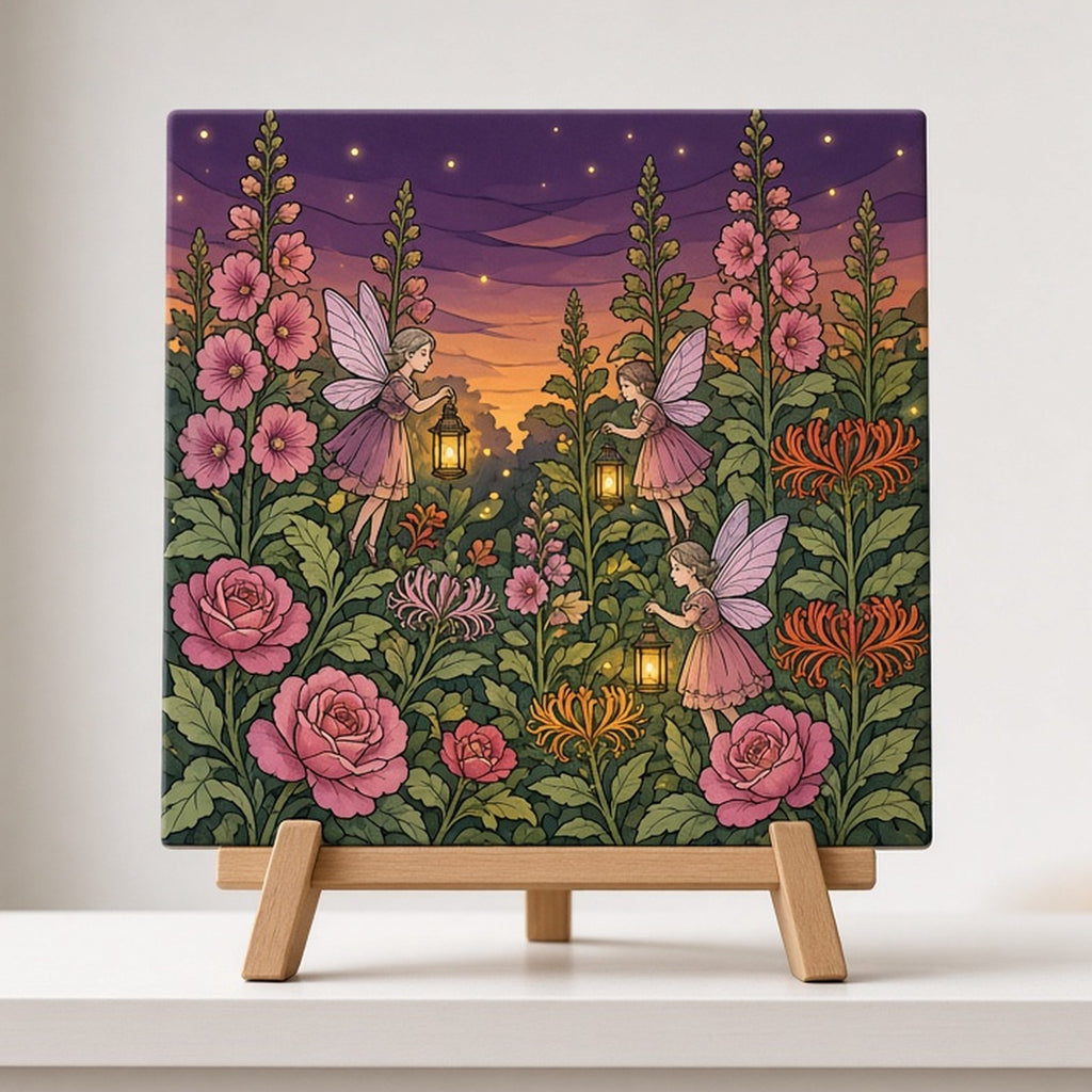 Arts and Crafts stained-glass fairies with lanterns among hollyhocks and roses printed flat on a ceramic tile on an easel, made with prompt #84