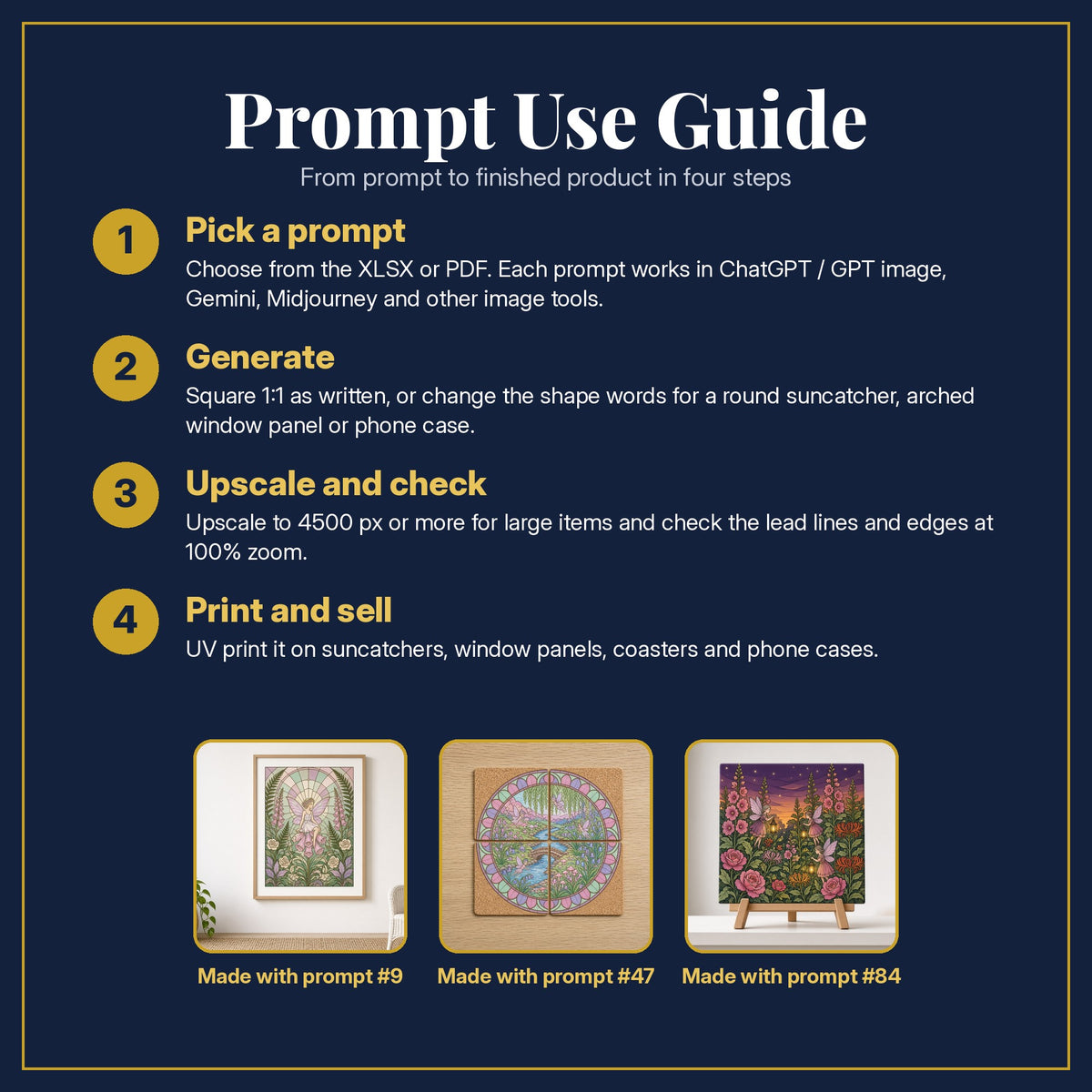 Prompt Use Guide for the Fairies and Enchanted Gardens Stained Glass Prompt Pack: pick a prompt, generate, upscale and check, print and sell, with sample products made with the pack's prompts