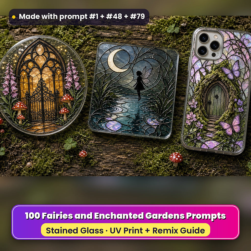 Fairies and Enchanted Gardens stained glass prompt pack: UV-printed suncatcher, coaster and phone case set mockup, made with prompt #1 + #48 + #79