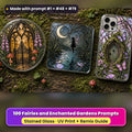 Fairies and Enchanted Gardens stained glass prompt pack: UV-printed suncatcher, coaster and phone case set mockup, made with prompt #1 + #48 + #79