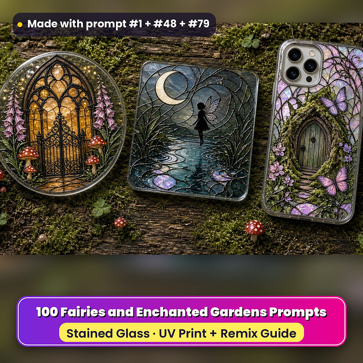 Fairies and Enchanted Gardens stained glass prompt pack: UV-printed suncatcher, coaster and phone case set mockup, made with prompt #1 + #48 + #79
